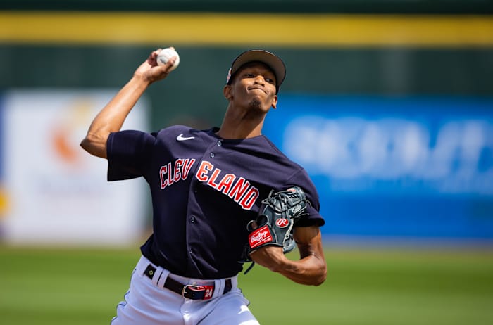 Mar 16, 2023; Goodyear, Arizona, USA; Cleveland Guardians pitcher Triston McKenzie against the Chicago White Sox during a spring training game at Goodyear Ballpark. Mandatory Credit: Mark J. Rebilas-USA TODAY Sports